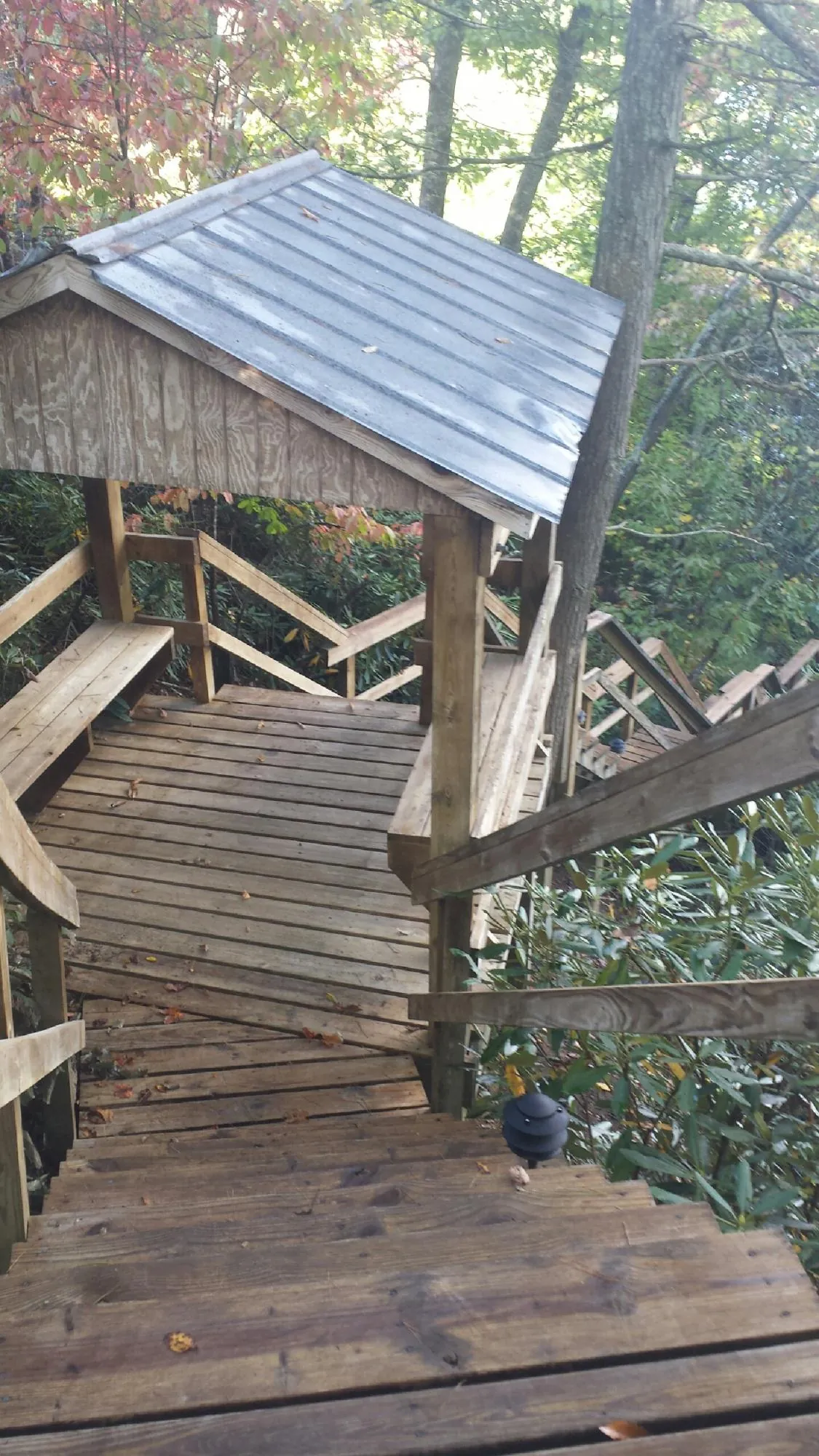 Metal roofed shelter over wooden steps on a wooded walkway — Skylight Repair & Installation work by our crew in Rush City